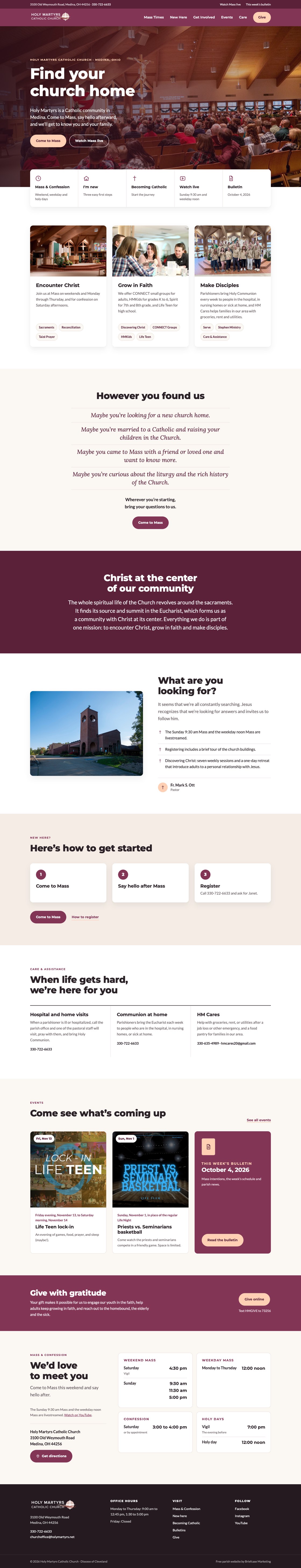The mockup built from that site on a desktop screen: a headline and Mass buttons over a photo of the congregation, quick links for Mass and Confession, I'm new and Becoming Catholic, then sections for getting started, care, events, giving and Mass times.