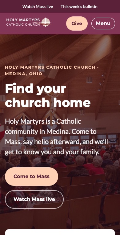 The mockup on a phone: a menu and a Give button, the headline "Find your church home" over a photo of the congregation, and two buttons, Come to Mass and Watch Mass live.
