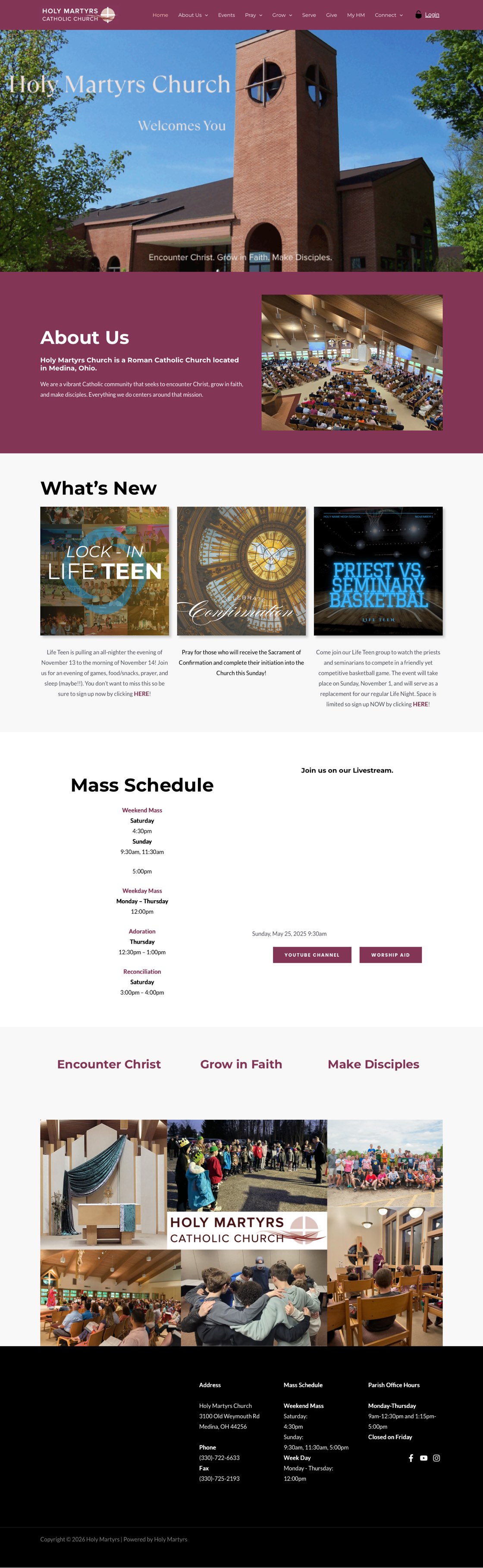 A Catholic parish's current homepage on a desktop screen: a large photo of the church building, an About Us block, three news cards, a Mass schedule with livestream buttons, and the address, phone number and office hours in the footer.