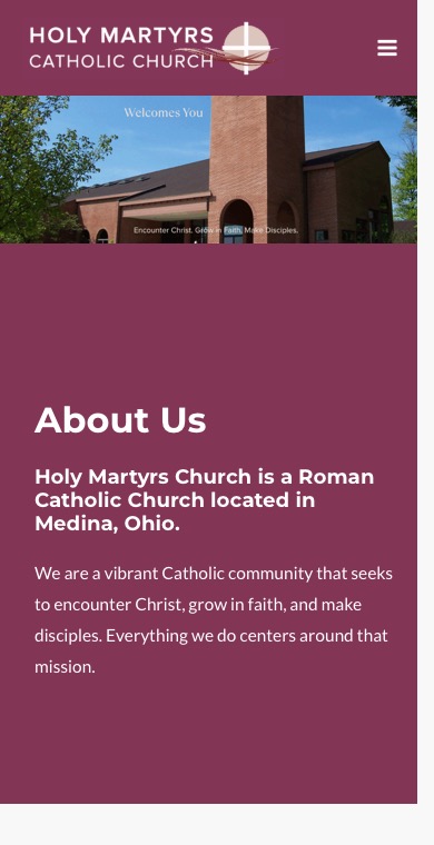 The same parish's current homepage on a phone: its logo and menu, a photo of the church building, and the About Us text.
